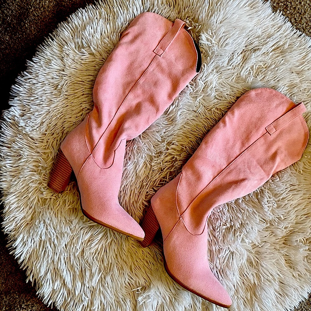 Light pink suede heeled cowboy style boots